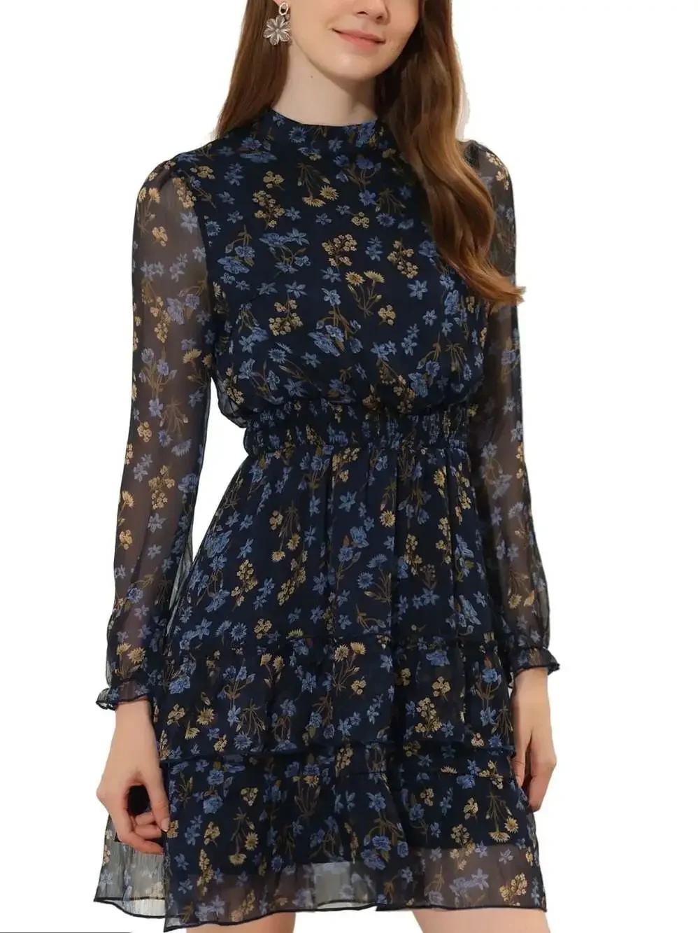 Allegra K Smocked Waist Sheer Sleeve Ruffle Layered Floral Chiffon Mini Dress